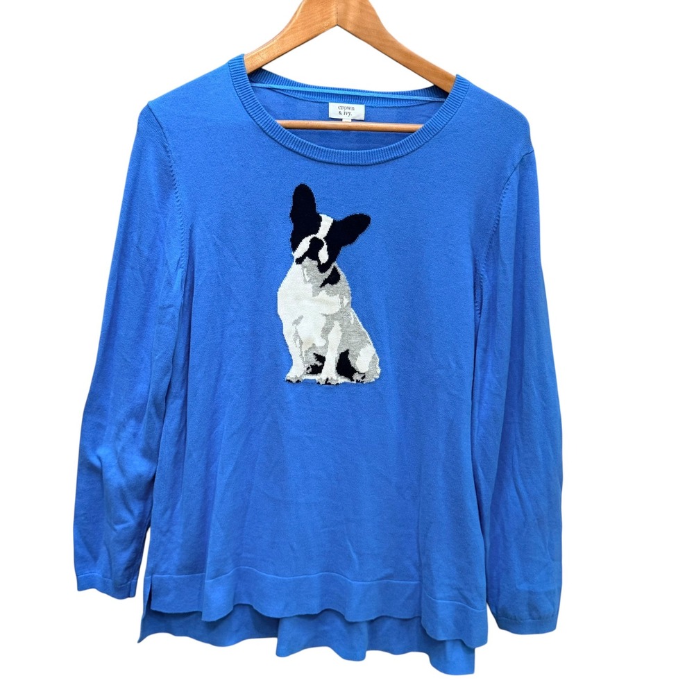Crown & Ivy Sweater Womens XL Blue French Bulldog Intarsia Knit Dog Lover Preppy